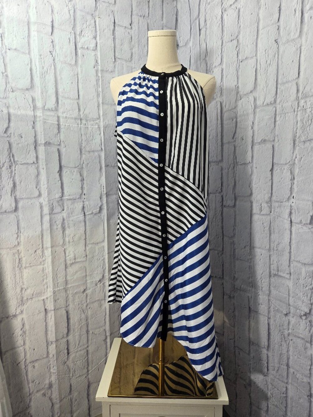 Aryn K Large Blue Black Striped Button Front High Neck Asymmetrical Dress